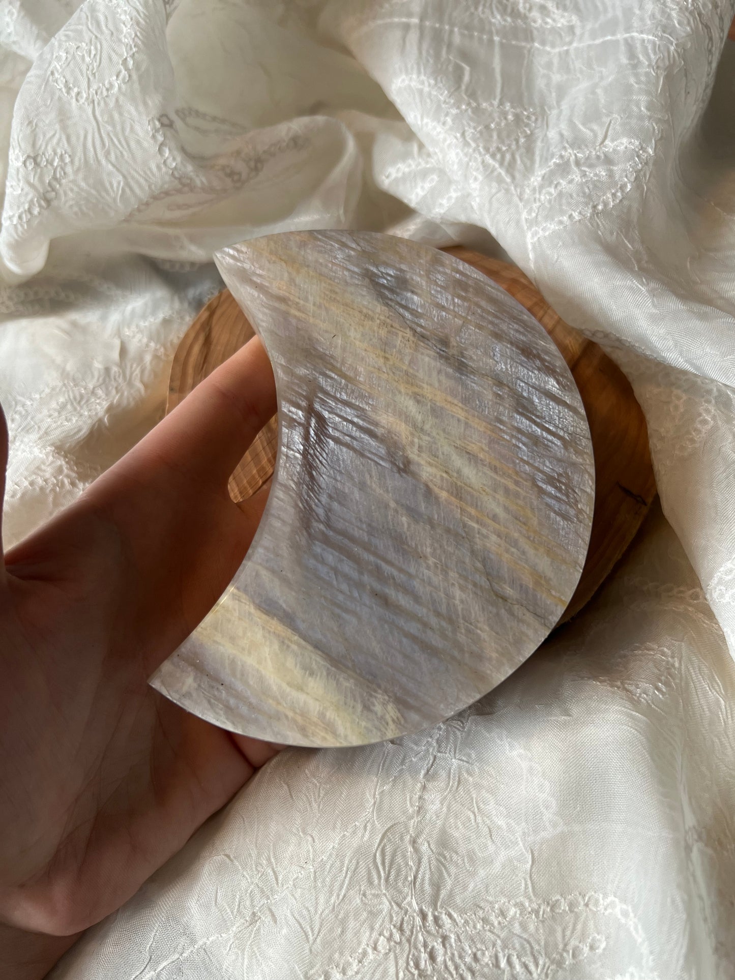 XLarge Moonstone Crescent Moon display carving