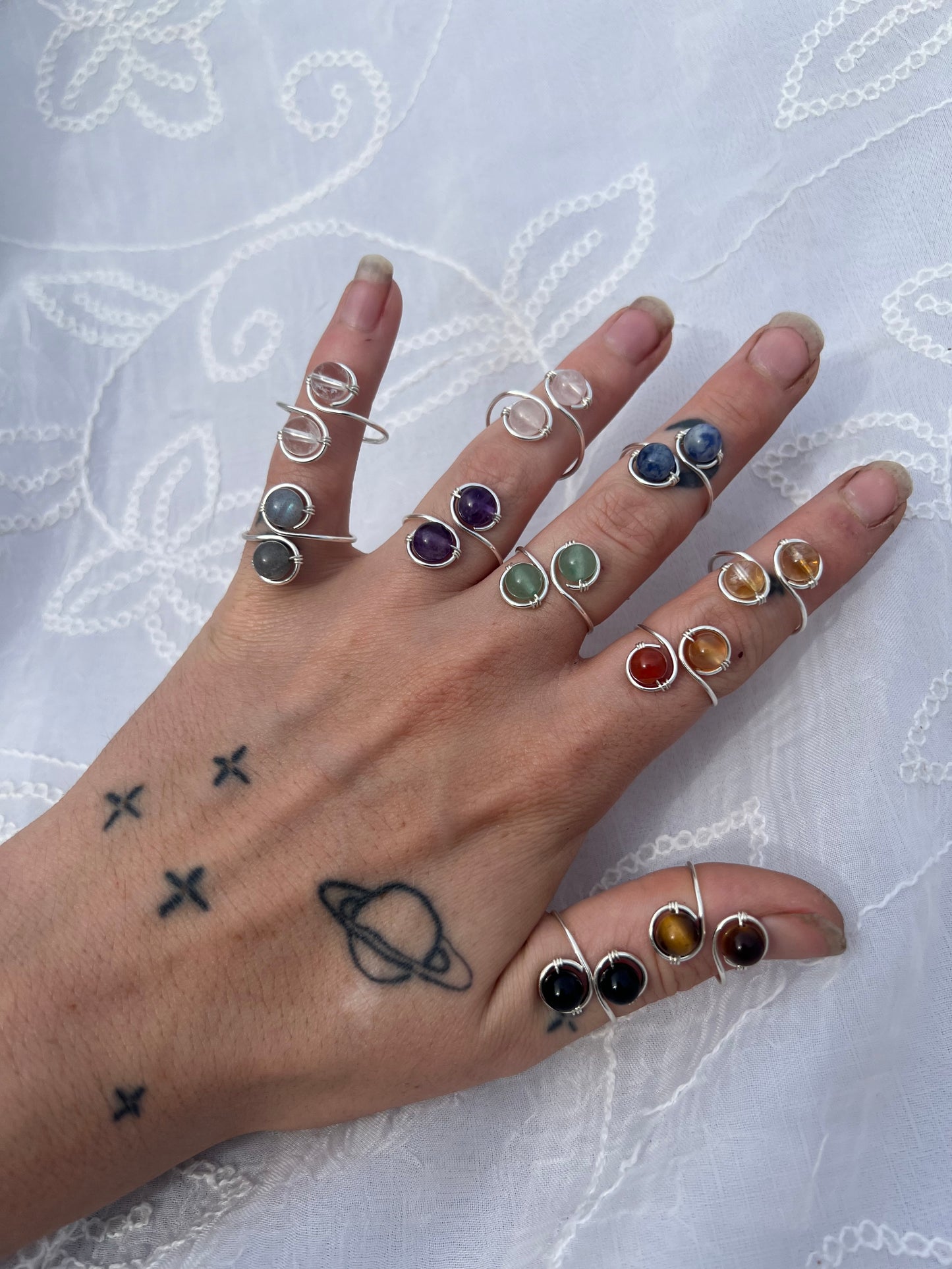 silver Double Crystal Bead Adjustable Ring