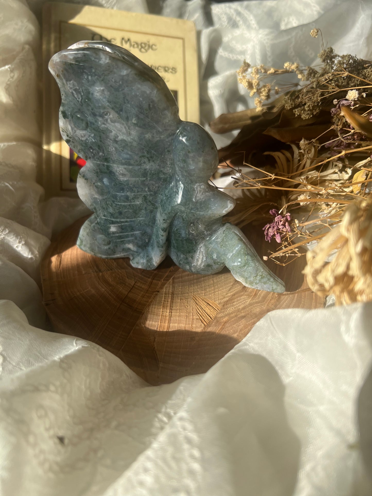 x-large moss agate sitting fairy carving