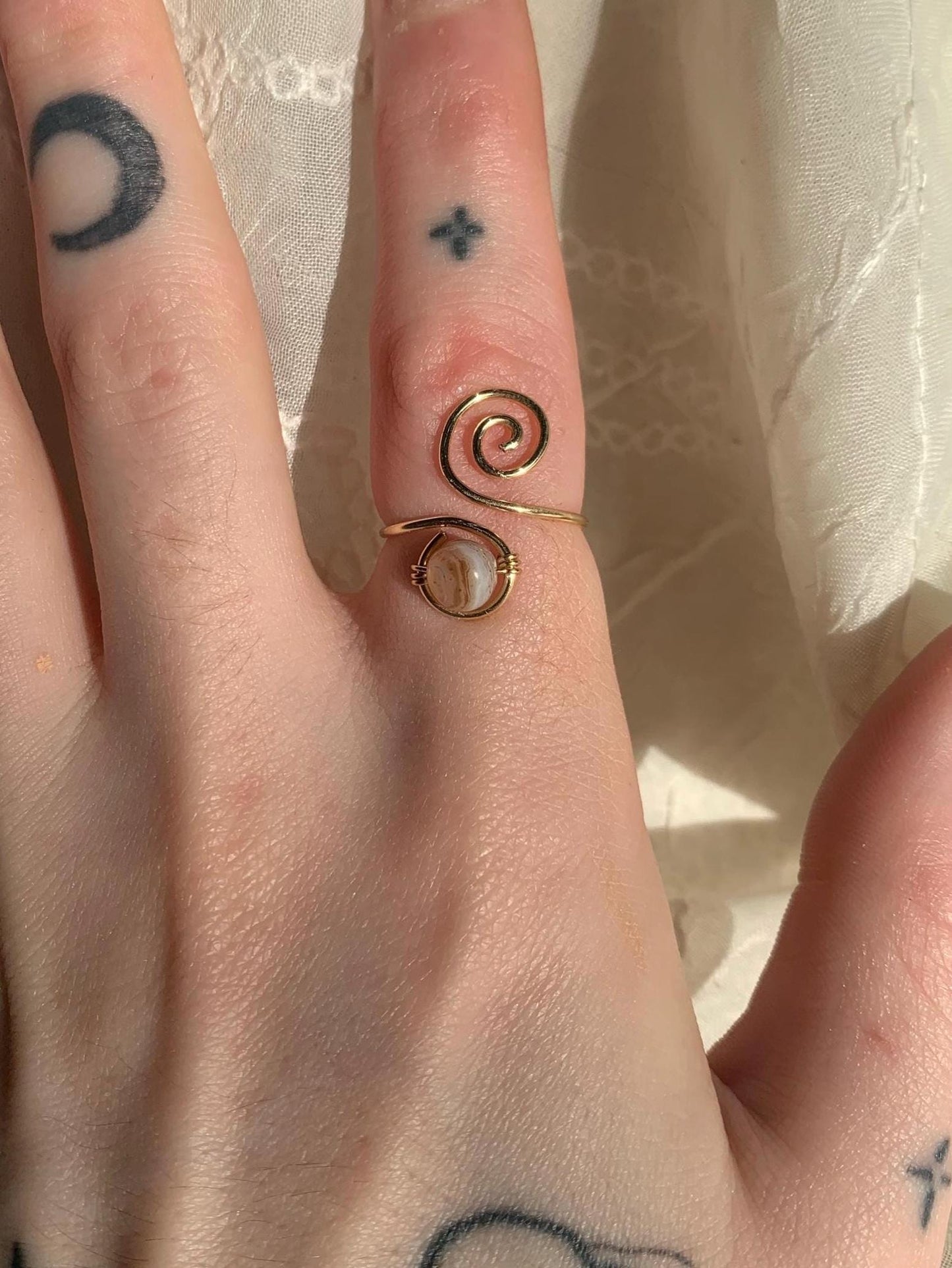 handmade gold swirly adjustable crystal bead wire ring