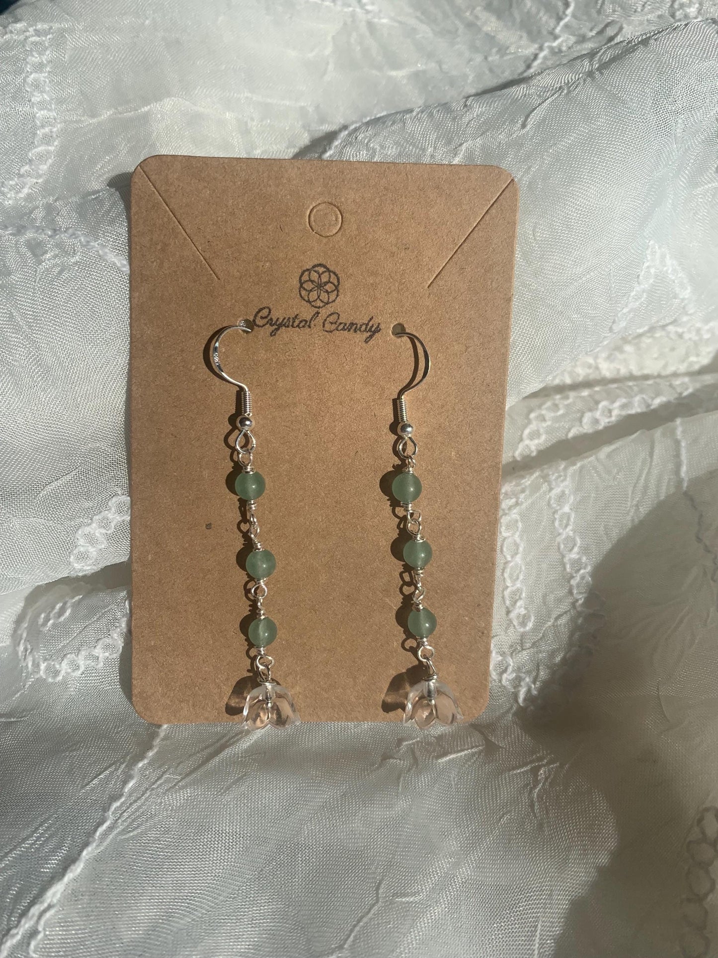 handmade gold and silver lilly of the valley flower and crystal bead drop down earrings-dangly earrings-flower jewellery-fairy earrings