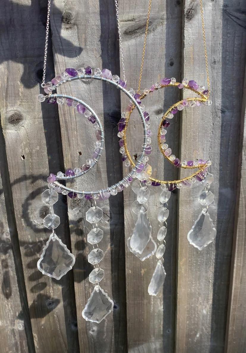 large crescent moon shaped amethyst crystal chip suncatcher