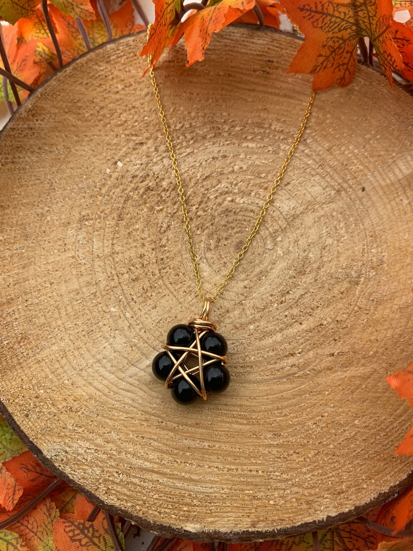 Black Agate Bead Protection Symbol Pentagram Pendant