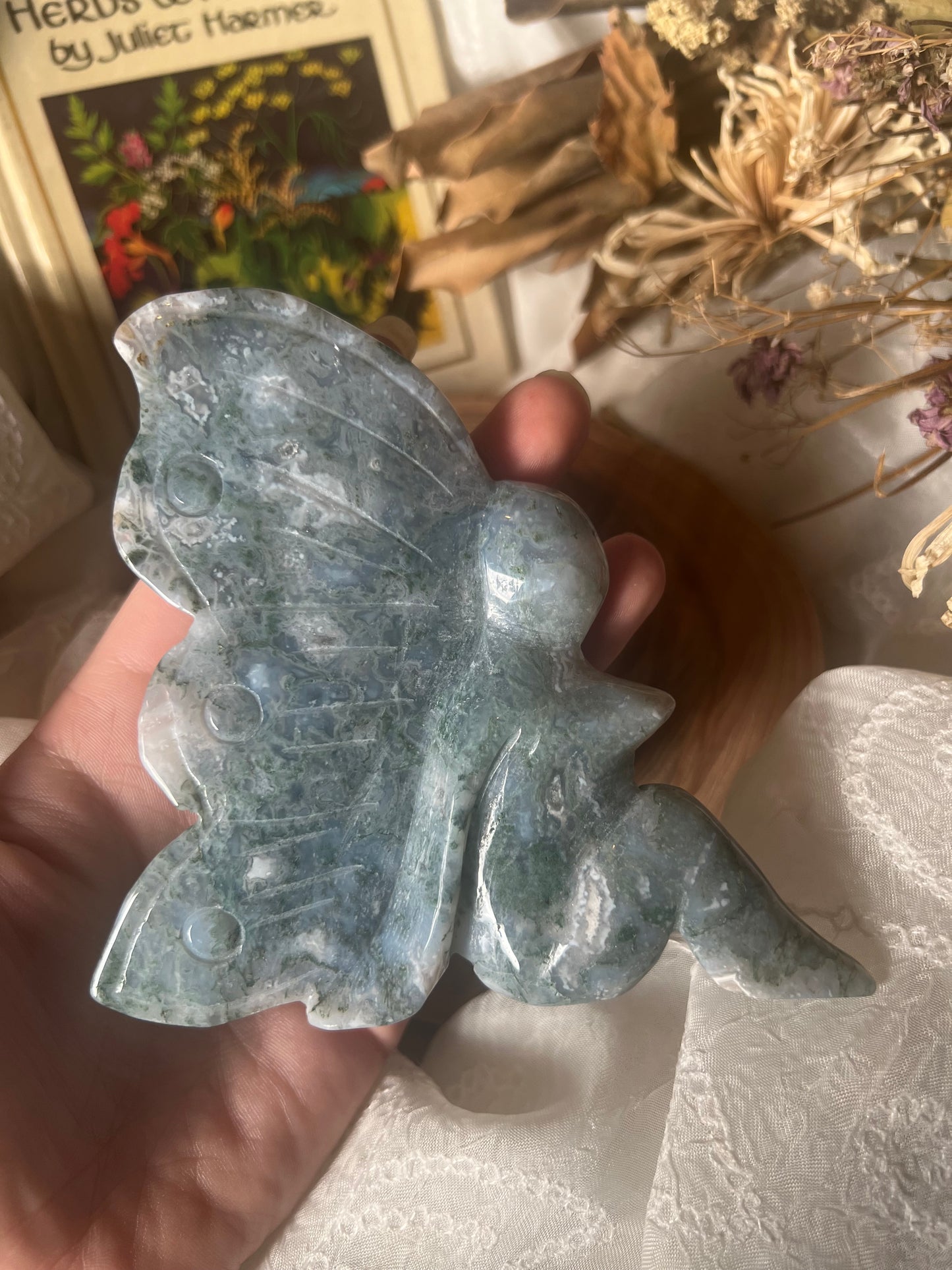 x-large moss agate sitting fairy carving