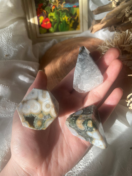 green ocean jasper with druzy polished chunks