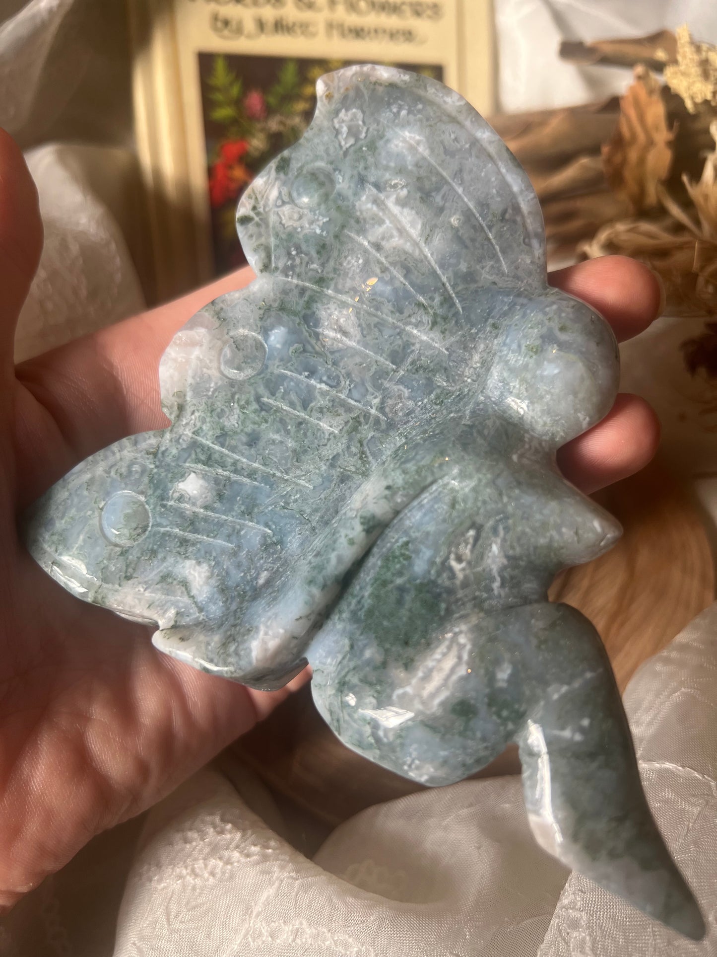 x-large moss agate sitting fairy carving