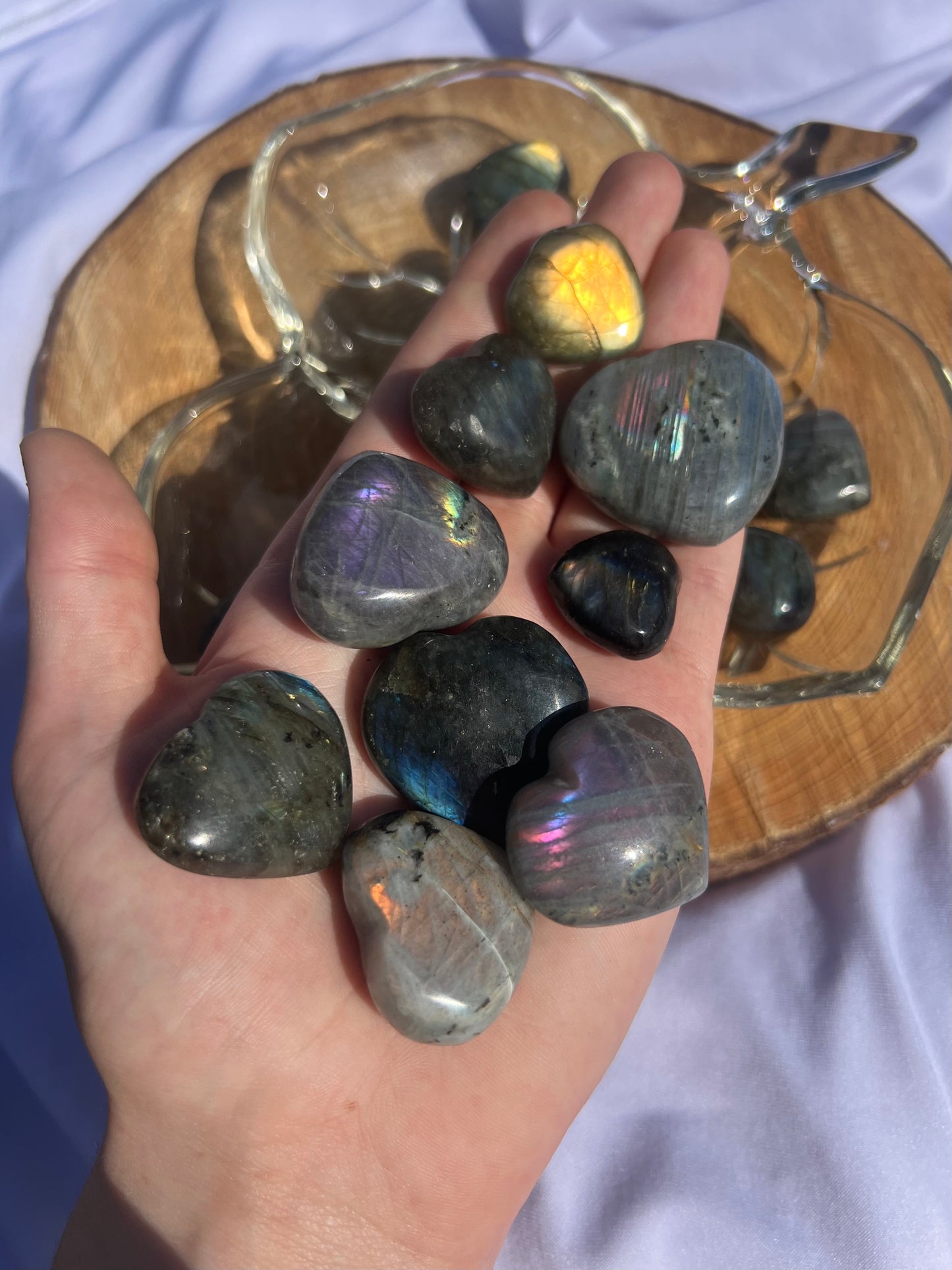 2 sized flashy labradorite heart shaped pebbles