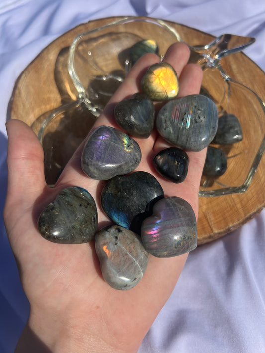 2 sized flashy labradorite heart shaped pebbles
