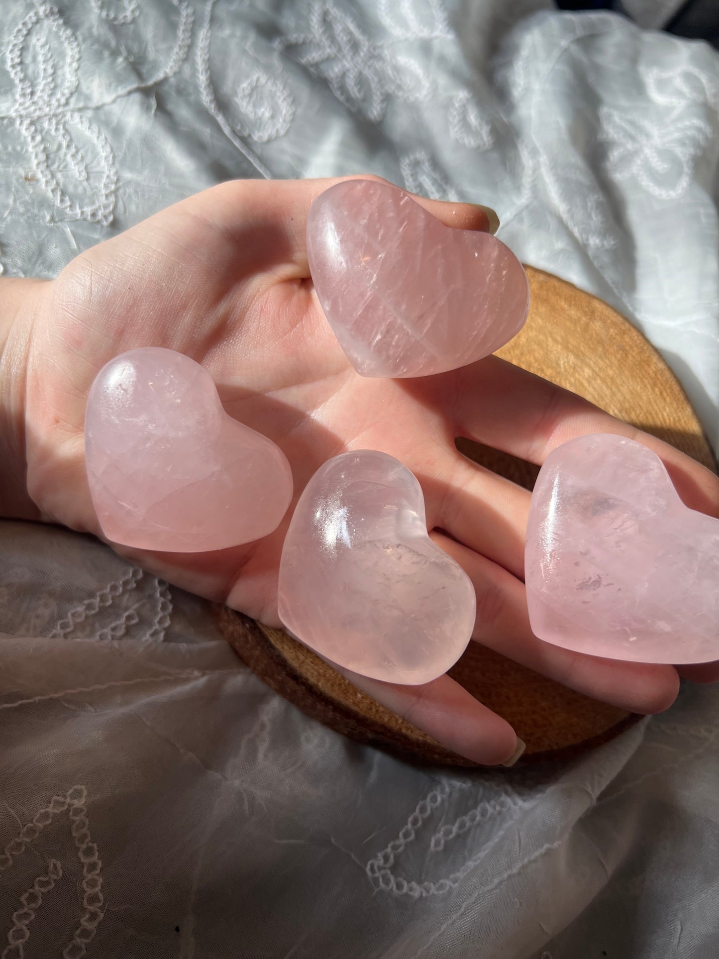 rose quartz heart shaped palm stone/pebbles