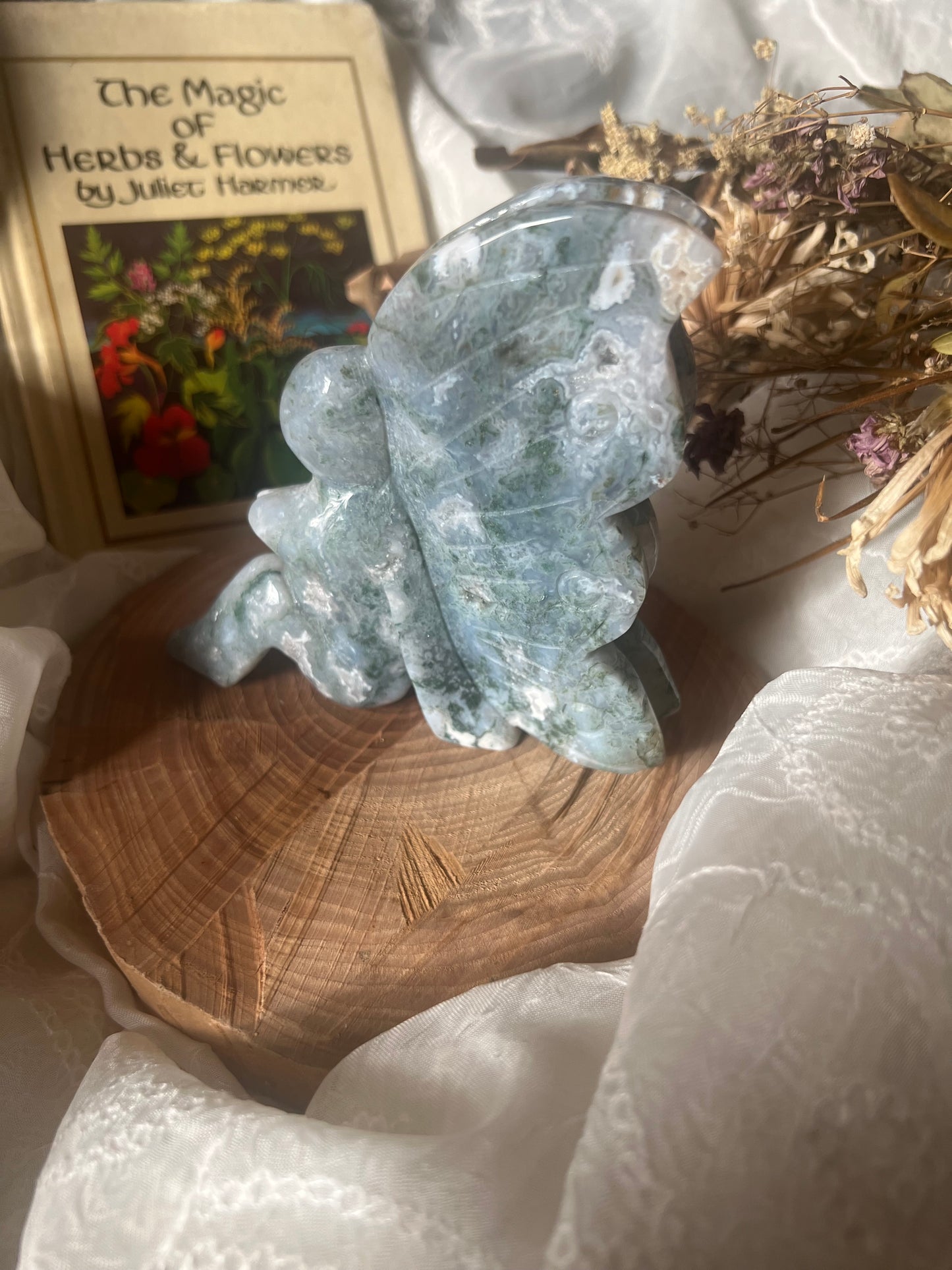 x-large moss agate sitting fairy carving