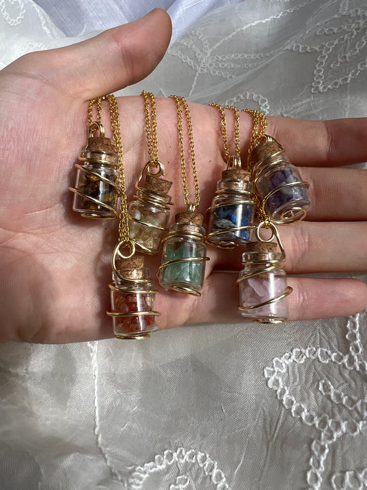 Gold crystal chip wish bottle pendants