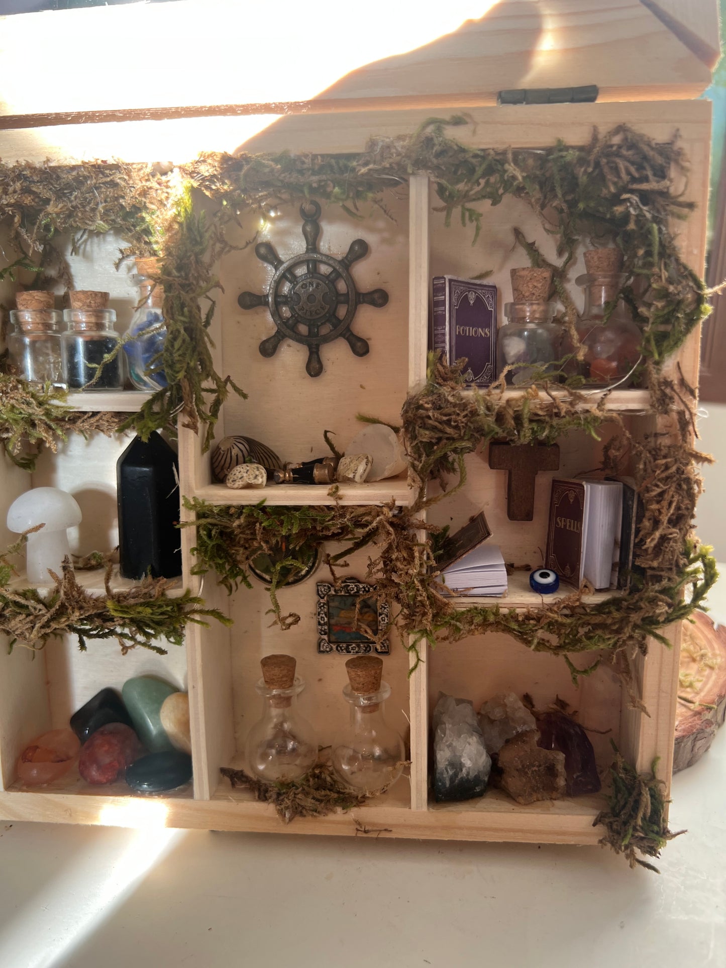 Light up witchy miniature cabinet apothecary scene display
