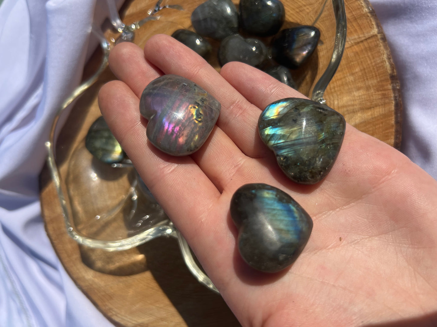 2 sized flashy labradorite heart shaped pebbles