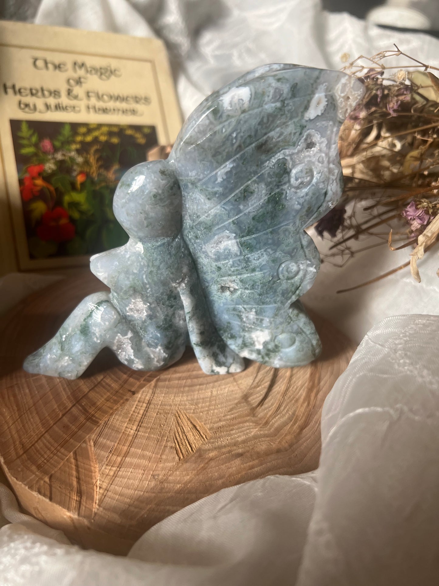 x-large moss agate sitting fairy carving