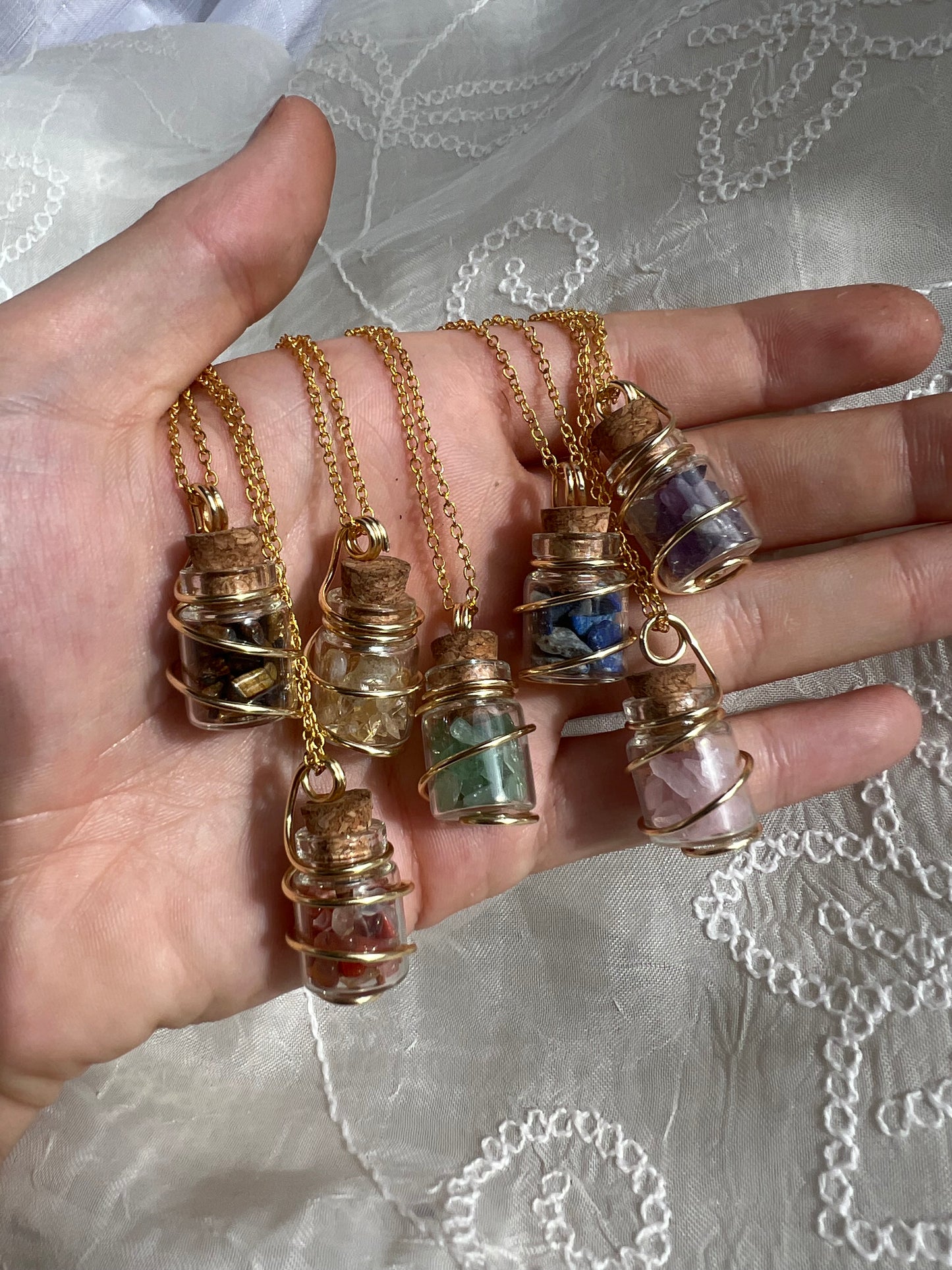 Gold crystal chip wish bottle pendants