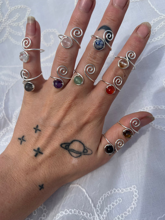 silver crystal bead swirly adjustable ring