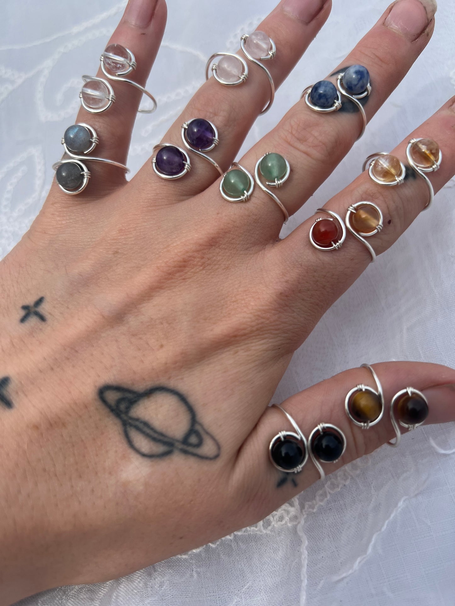 silver Double Crystal Bead Adjustable Ring