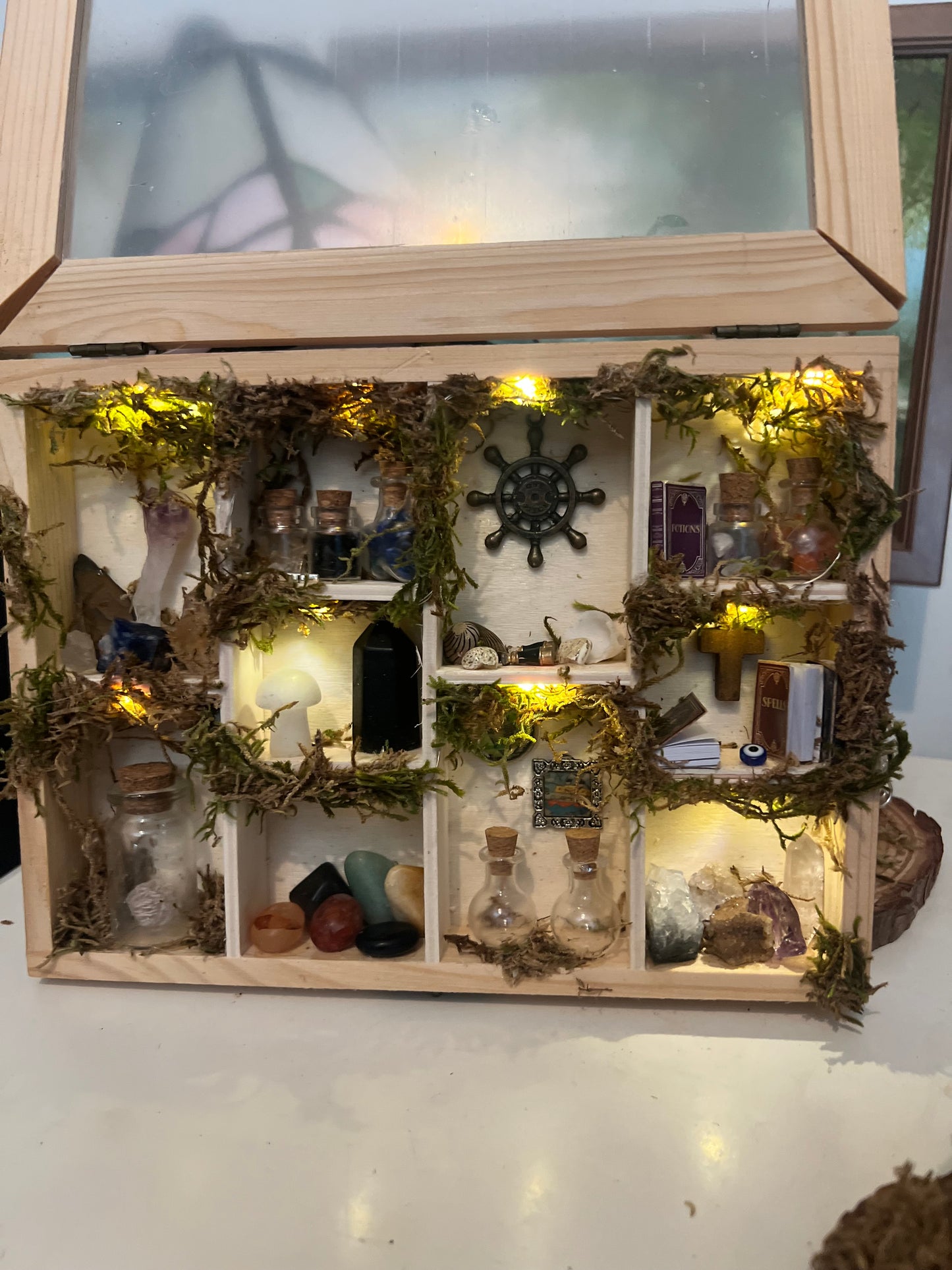 Light up witchy miniature cabinet apothecary scene display