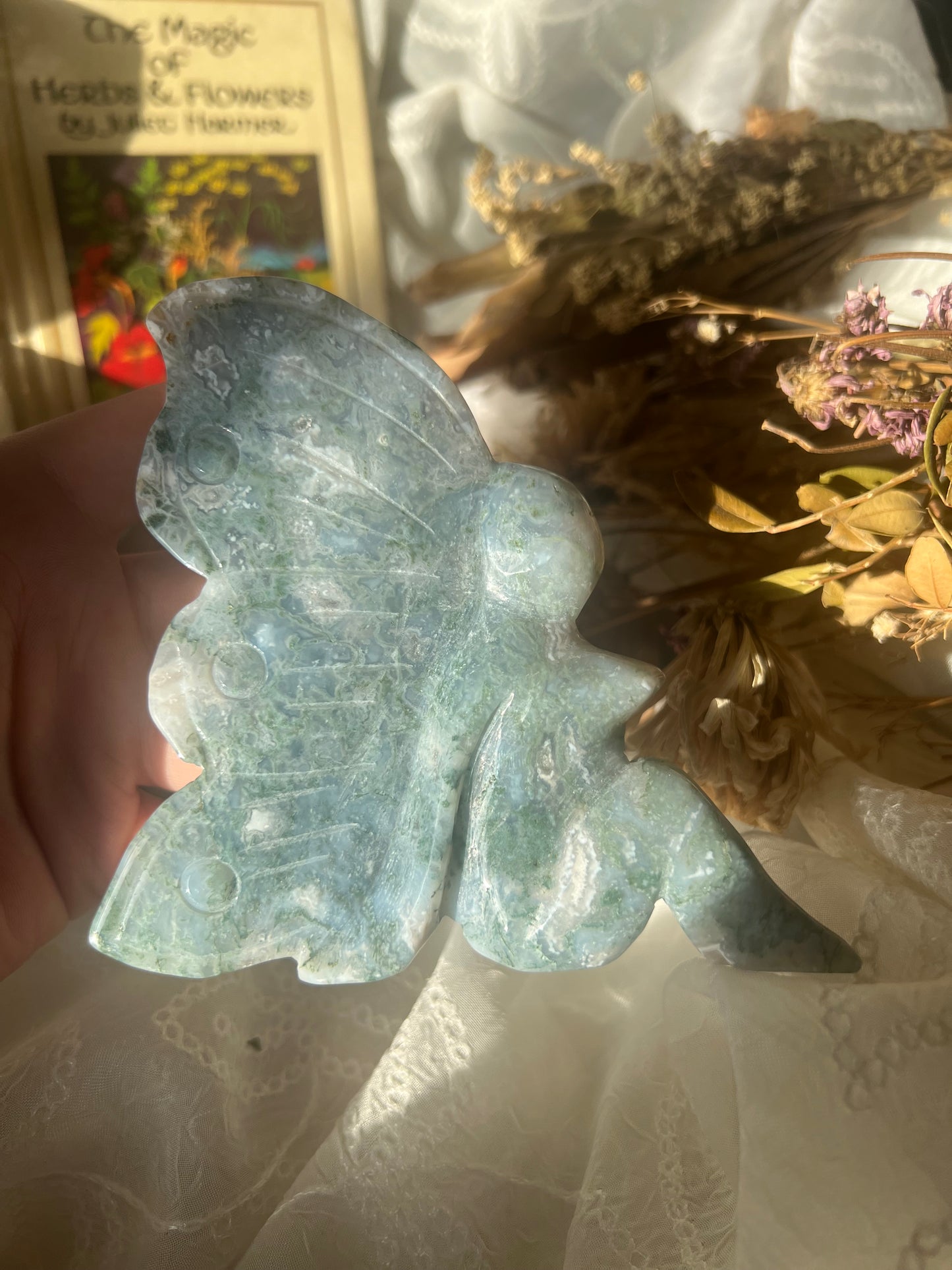 x-large moss agate sitting fairy carving