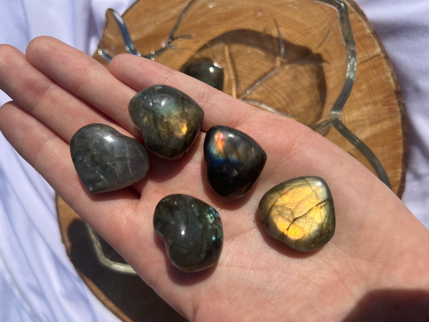 2 sized flashy labradorite heart shaped pebbles