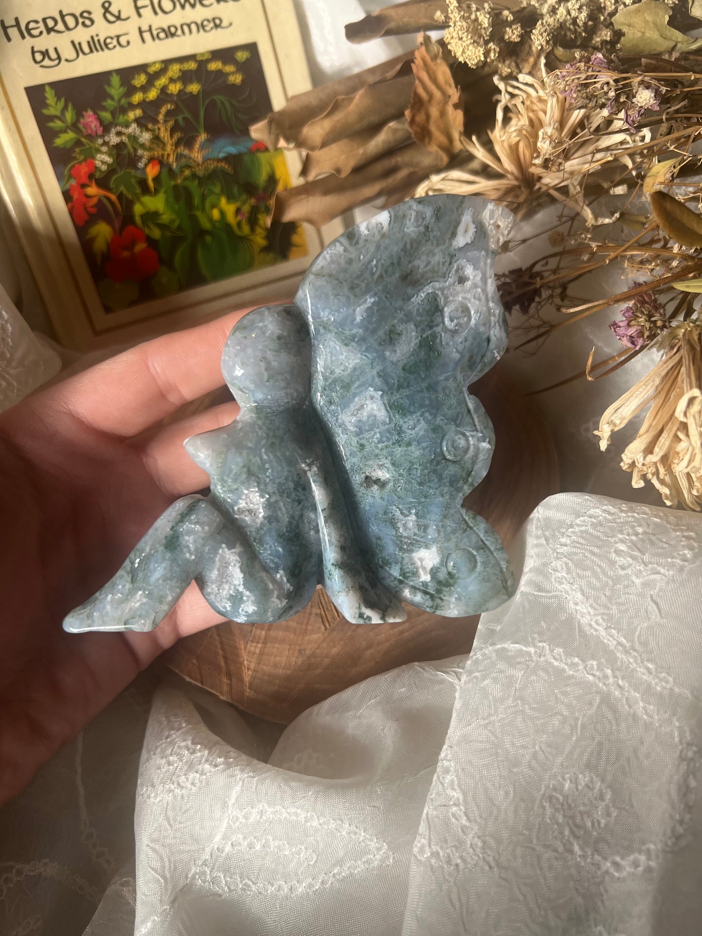 x-large moss agate sitting fairy carving