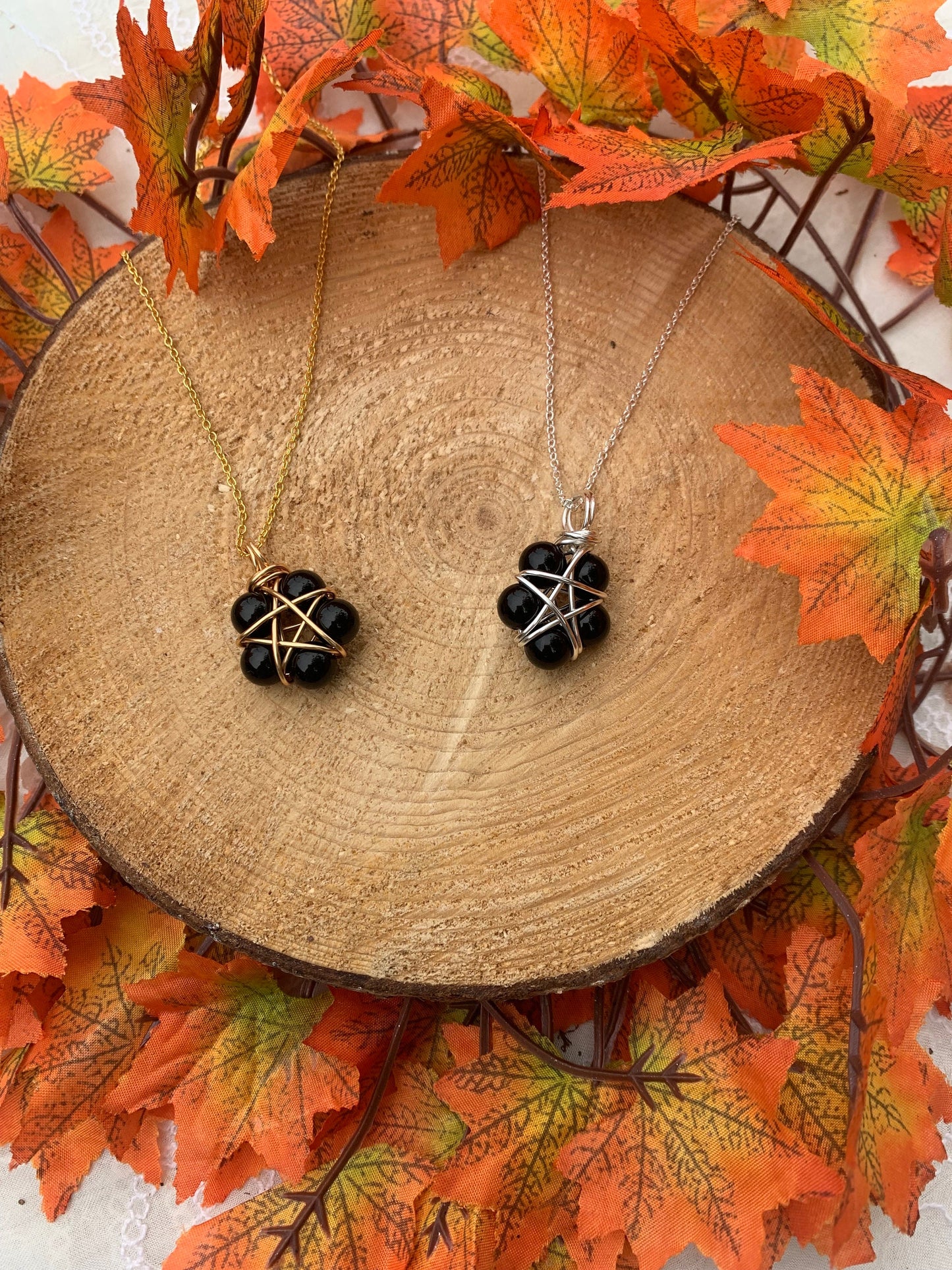 Black Agate Bead Protection Symbol Pentagram Pendant