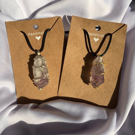 wire wrapped natural raw amethyst point necklace pendant