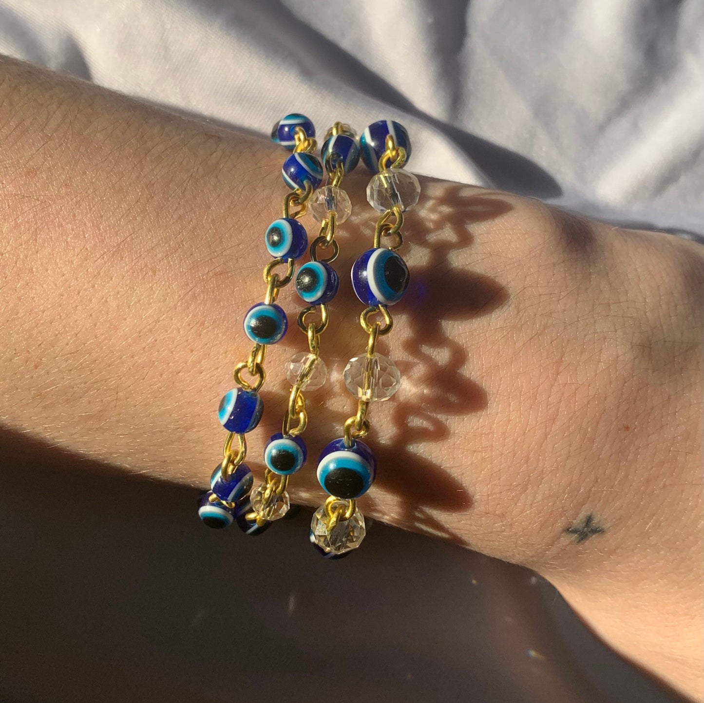 wire wrapped glass and evil eye bracelets-gold&silver