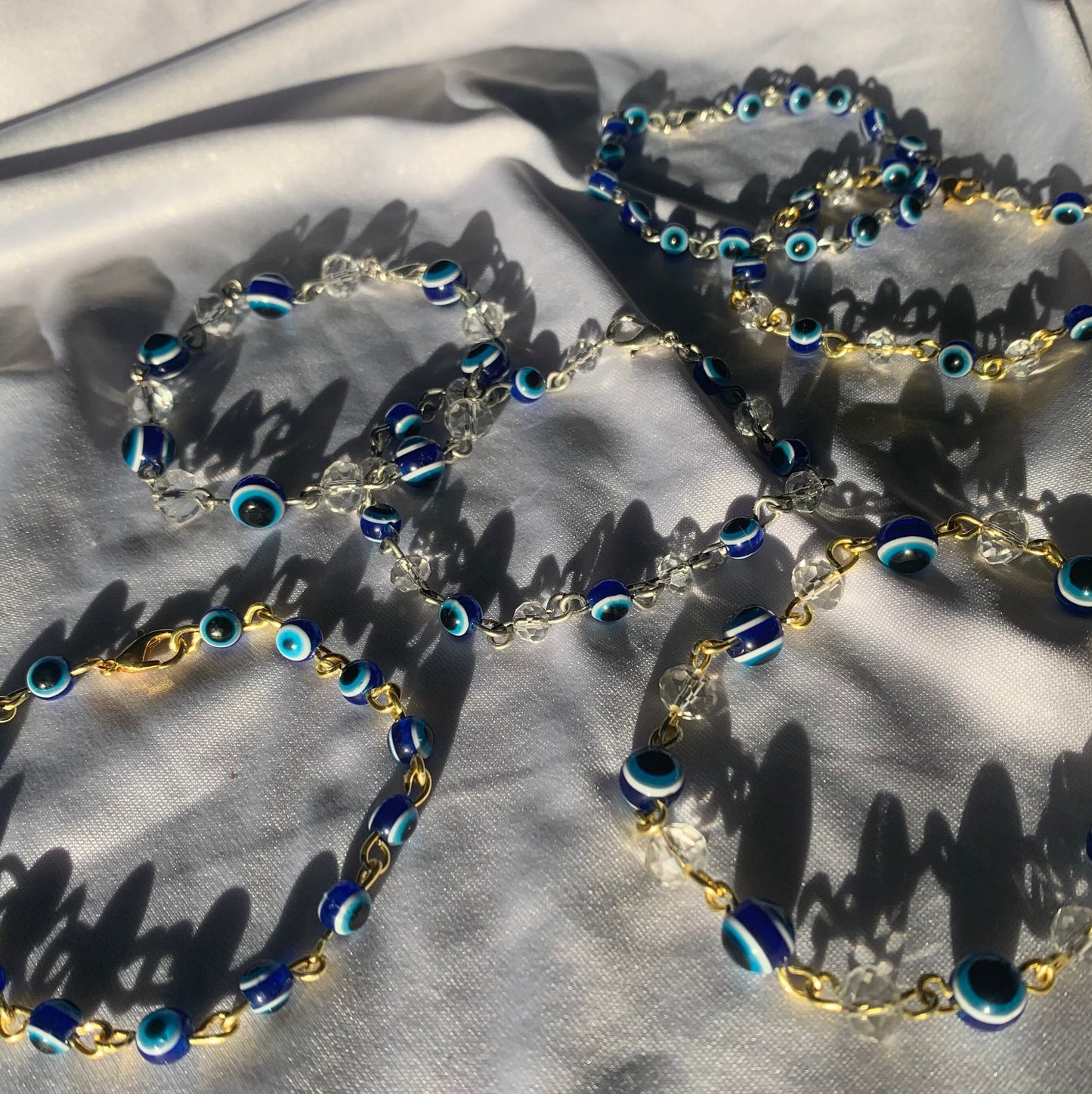 wire wrapped glass and evil eye bracelets-gold&silver