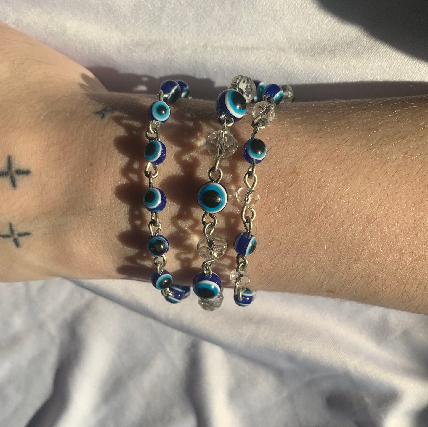 wire wrapped glass and evil eye bracelets-gold&silver