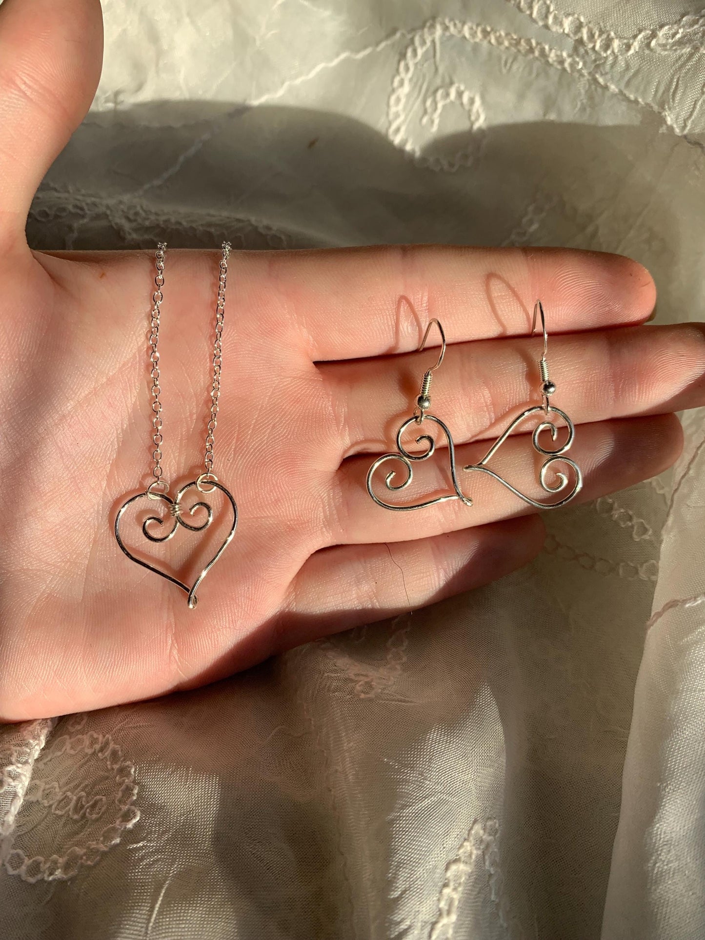 swirly love heart shaped necklace and earrings gift