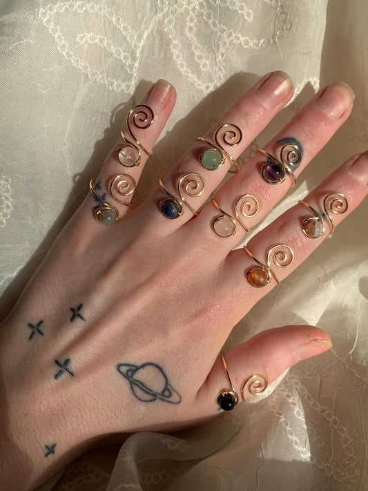 handmade gold swirly adjustable crystal bead wire ring