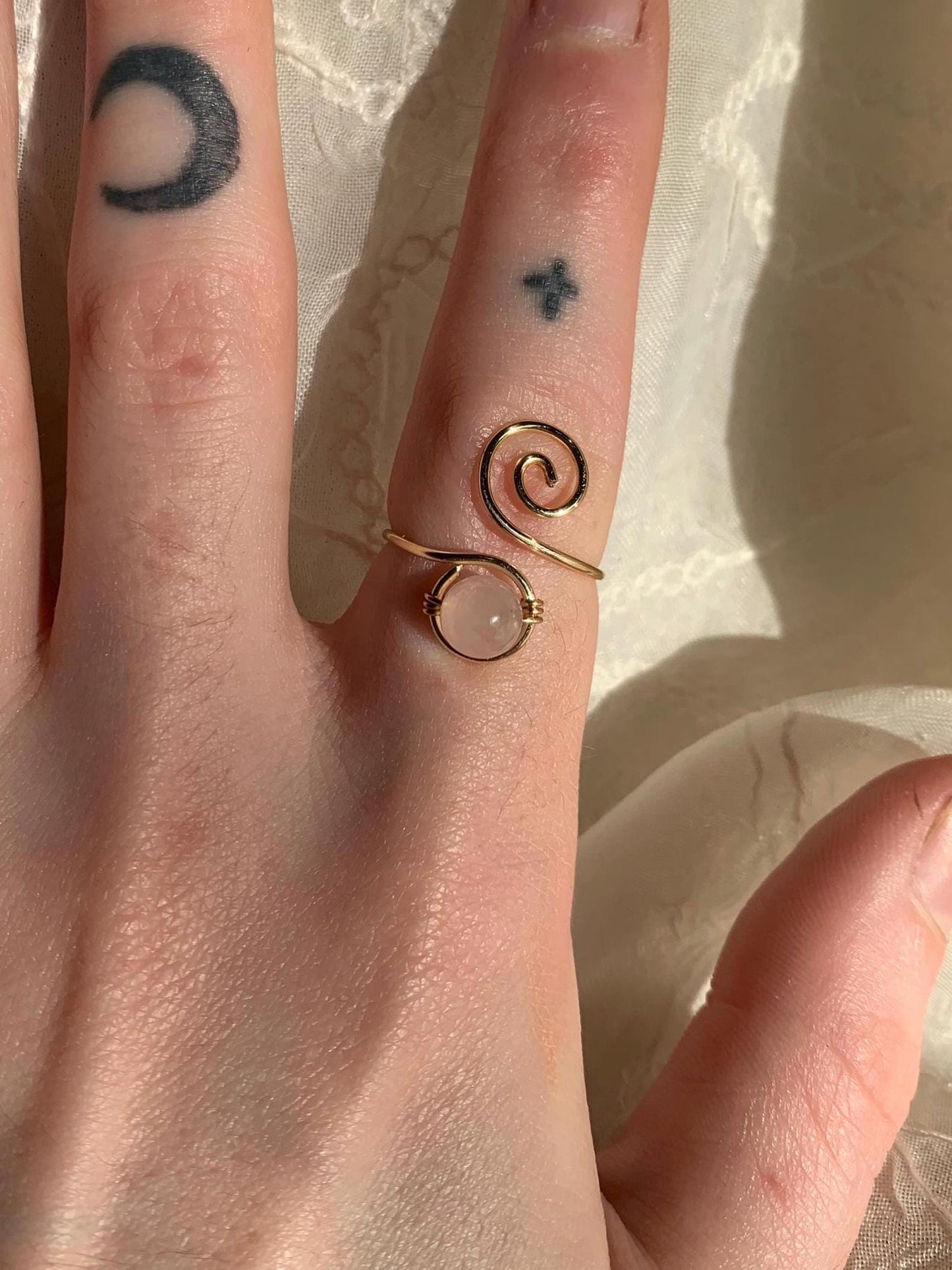 handmade gold swirly adjustable crystal bead wire ring