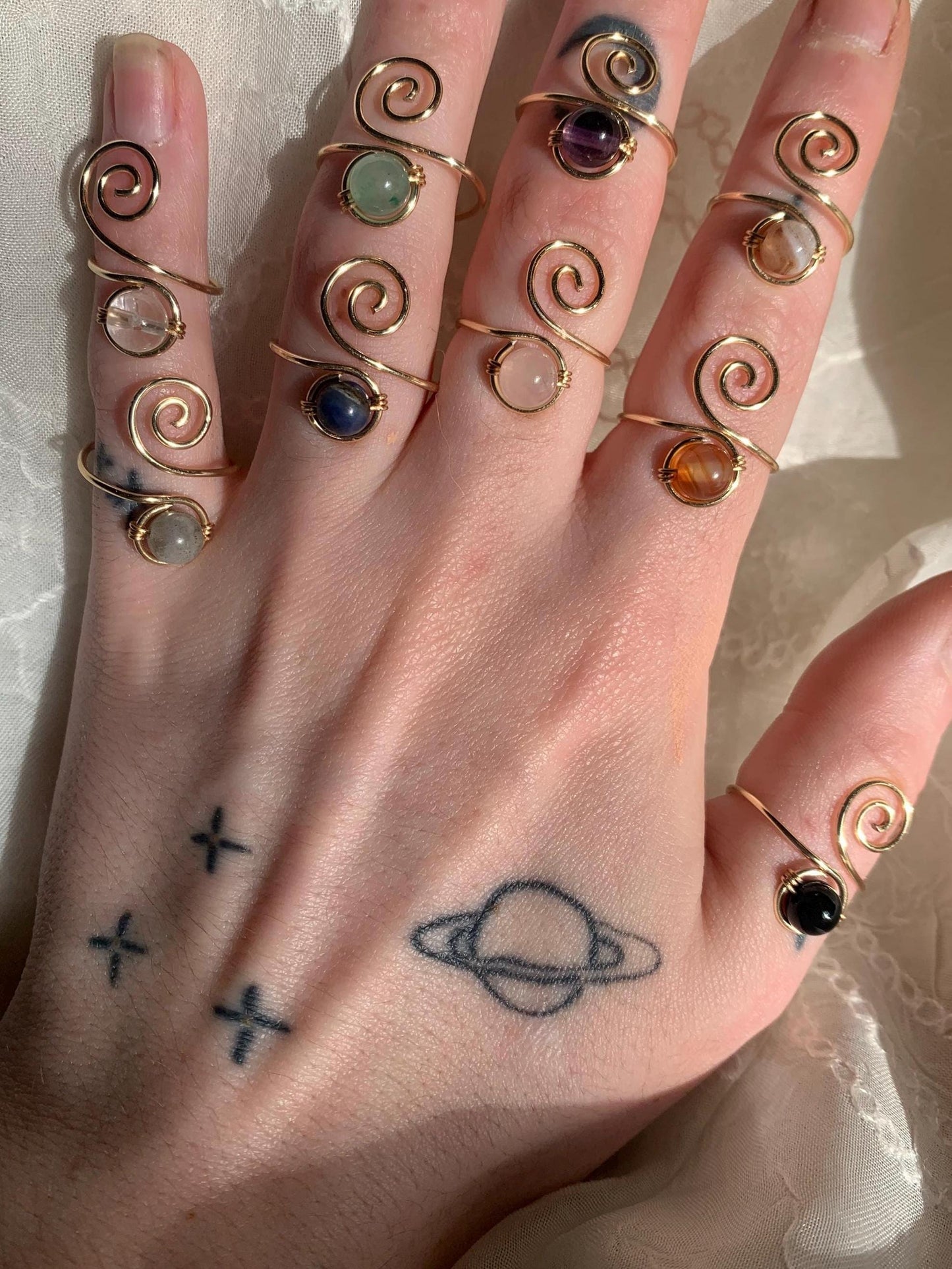 handmade gold swirly adjustable crystal bead wire ring