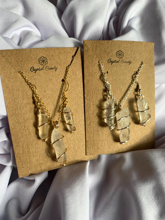 wire wrapped raw natural clear quarts crystal point set