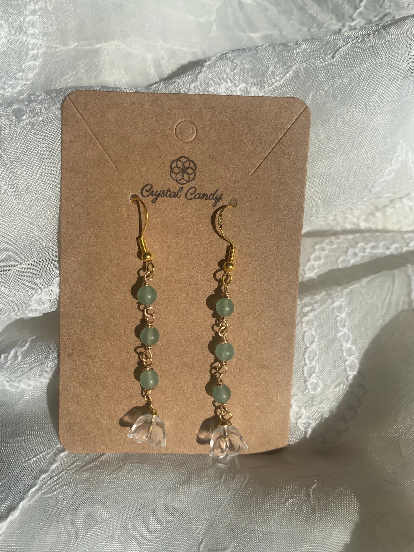 handmade gold and silver lilly of the valley flower and crystal bead drop down earrings-dangly earrings-flower jewellery-fairy earrings