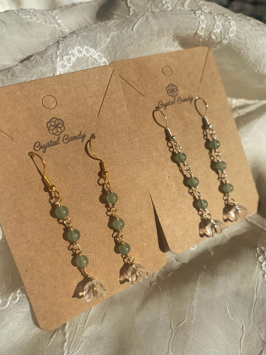 handmade gold and silver lilly of the valley flower and crystal bead drop down earrings-dangly earrings-flower jewellery-fairy earrings
